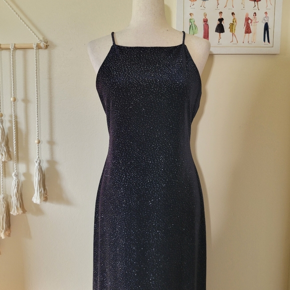 Maurices | 90s Vintage Black Velvet Glitter Evening Gown - Picture 1 of 7